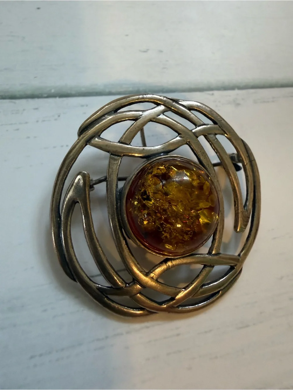 Amber Silver-Tone Celtic Brooch - Amber Yellow
